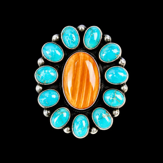 Sonoran Gold Turquoise & Orange Spiny Oyster ring handcrafted by Native American artist Shiela Becenti