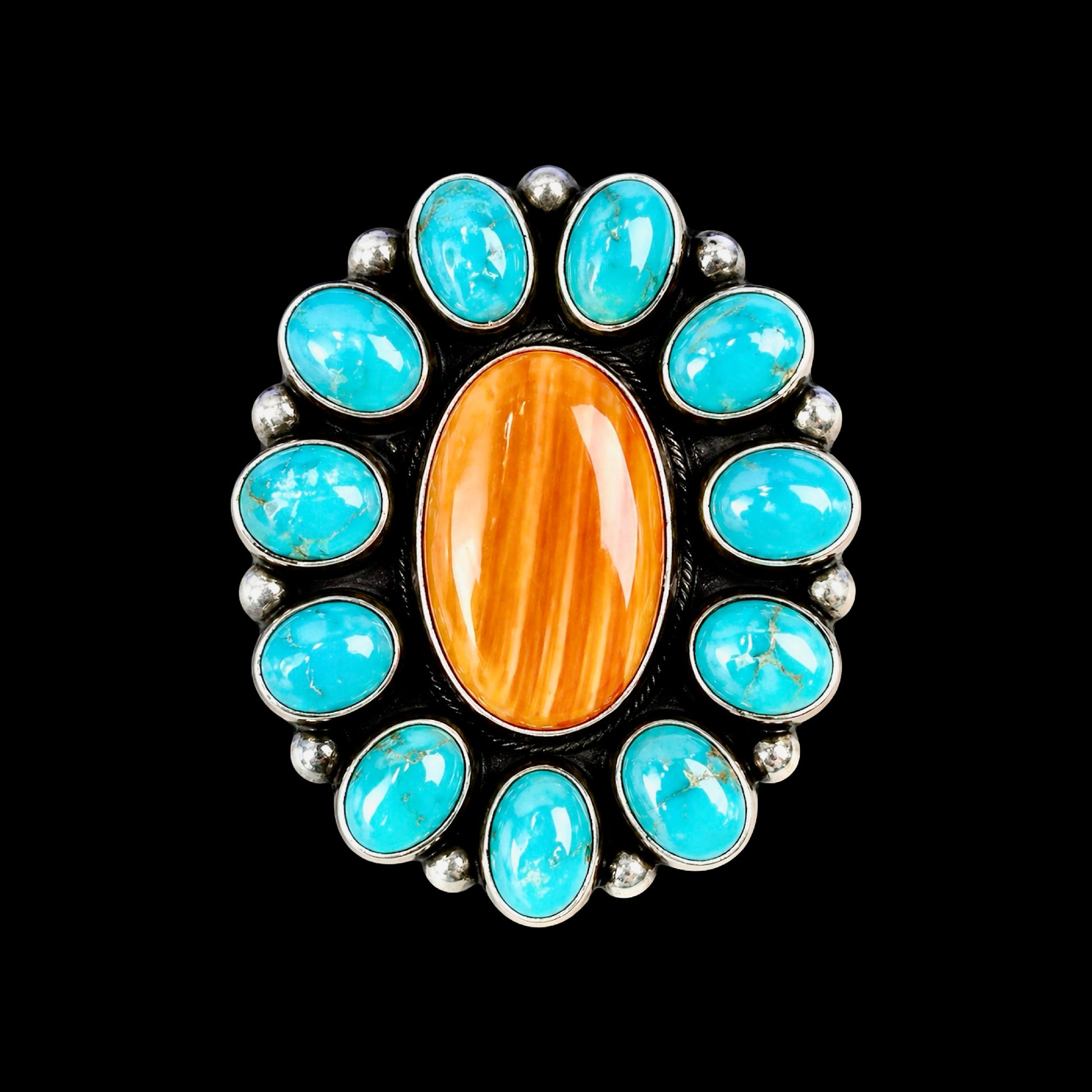 Sonoran Gold Turquoise & Orange Spiny Oyster ring handcrafted by Native American artist Shiela Becenti