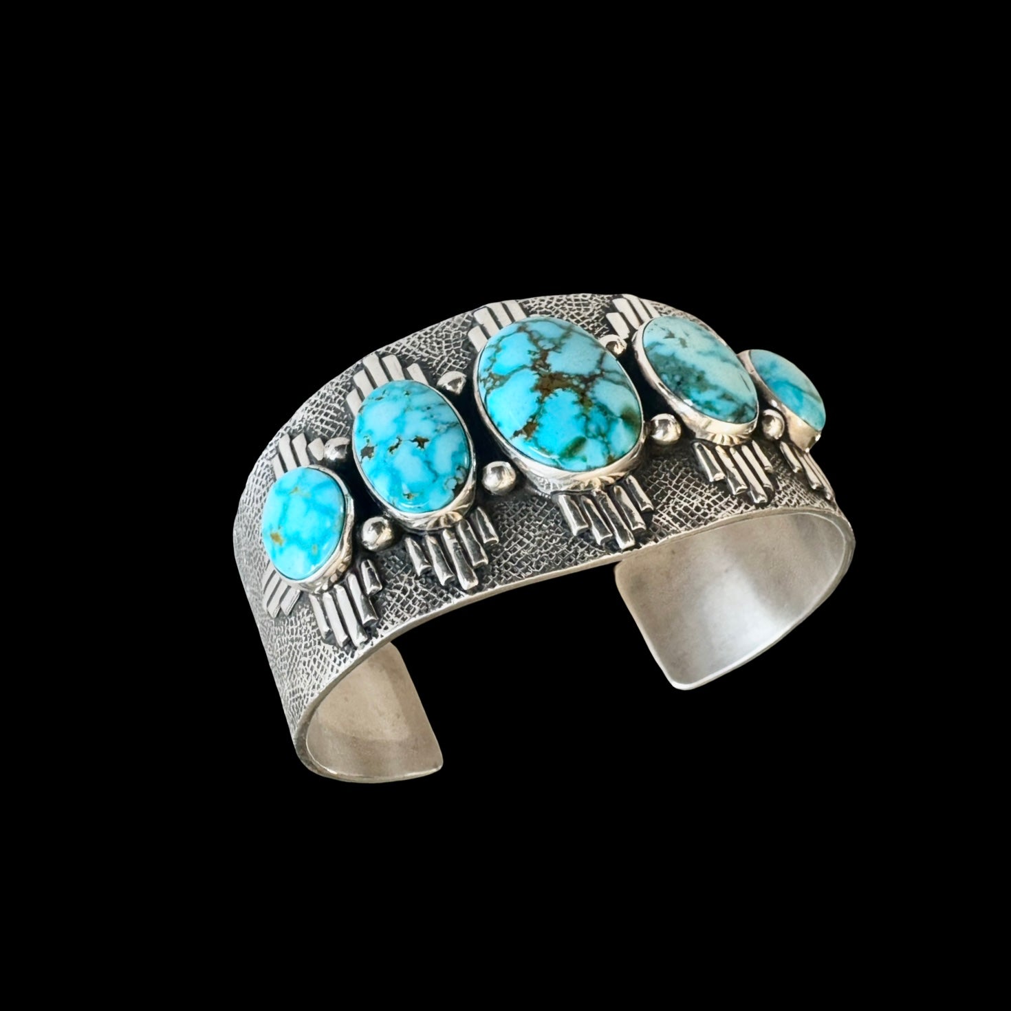 Natural Birdseye Kingman Turquoise cuff handcrafted by Native American artist Murphy Platero