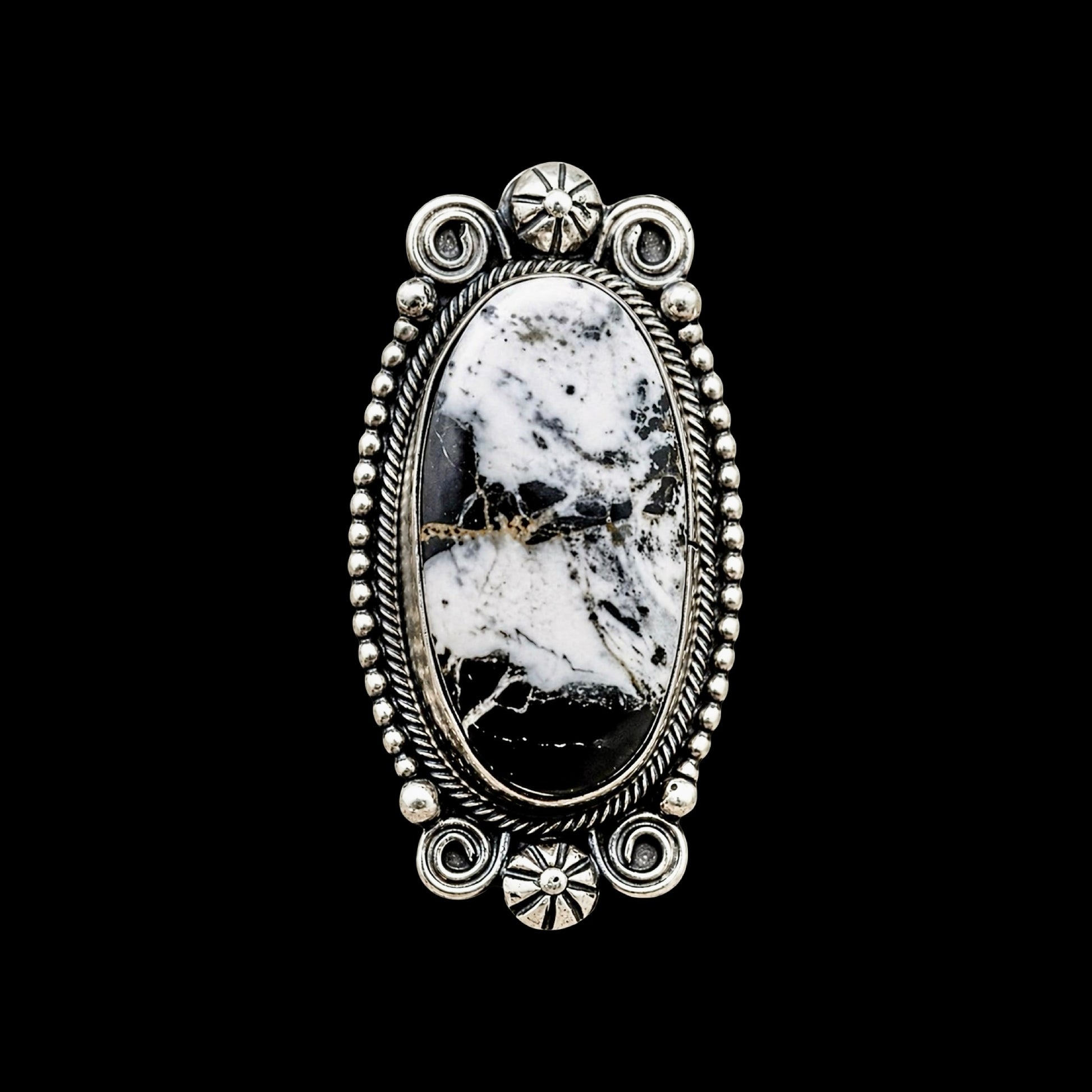 White Buffalo Dolomite ring handcrafted by Native American artist Aaron Robertson