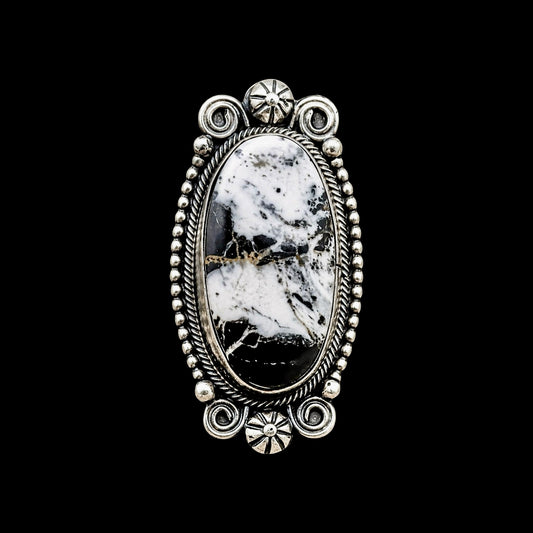White Buffalo Dolomite ring handcrafted by Native American artist Aaron Robertson