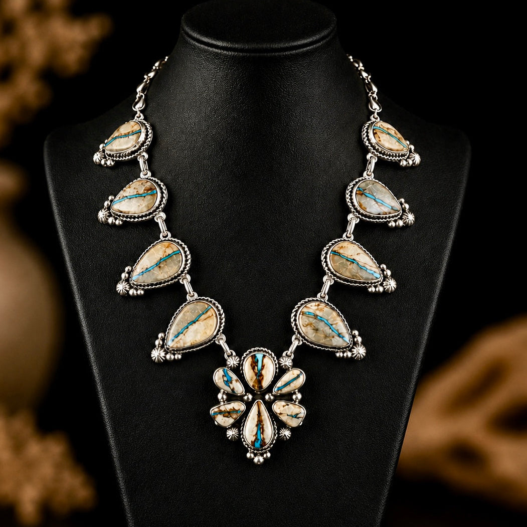 Royston Ribbon Turquoise necklace handcrafted by Native American artist Rosella Paxton
