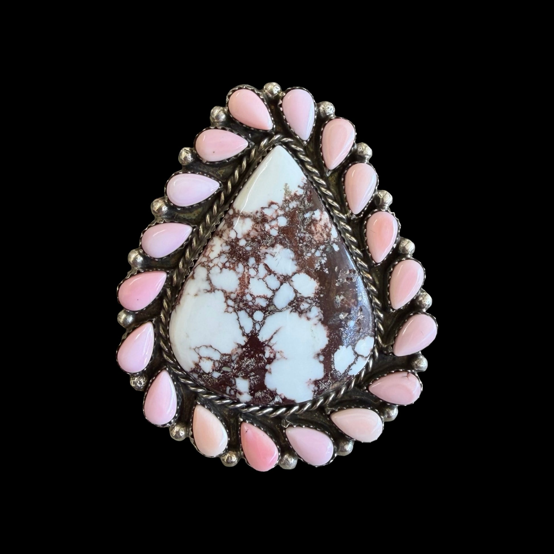 Wild Horse Jasper & Pink Conch ring handcrafted by Native American artist Lorenzo and Jerilyn Chee
