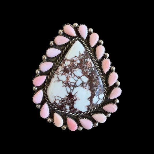 Wild Horse Jasper & Pink Conch ring handcrafted by Native American artist Lorenzo and Jerilyn Chee