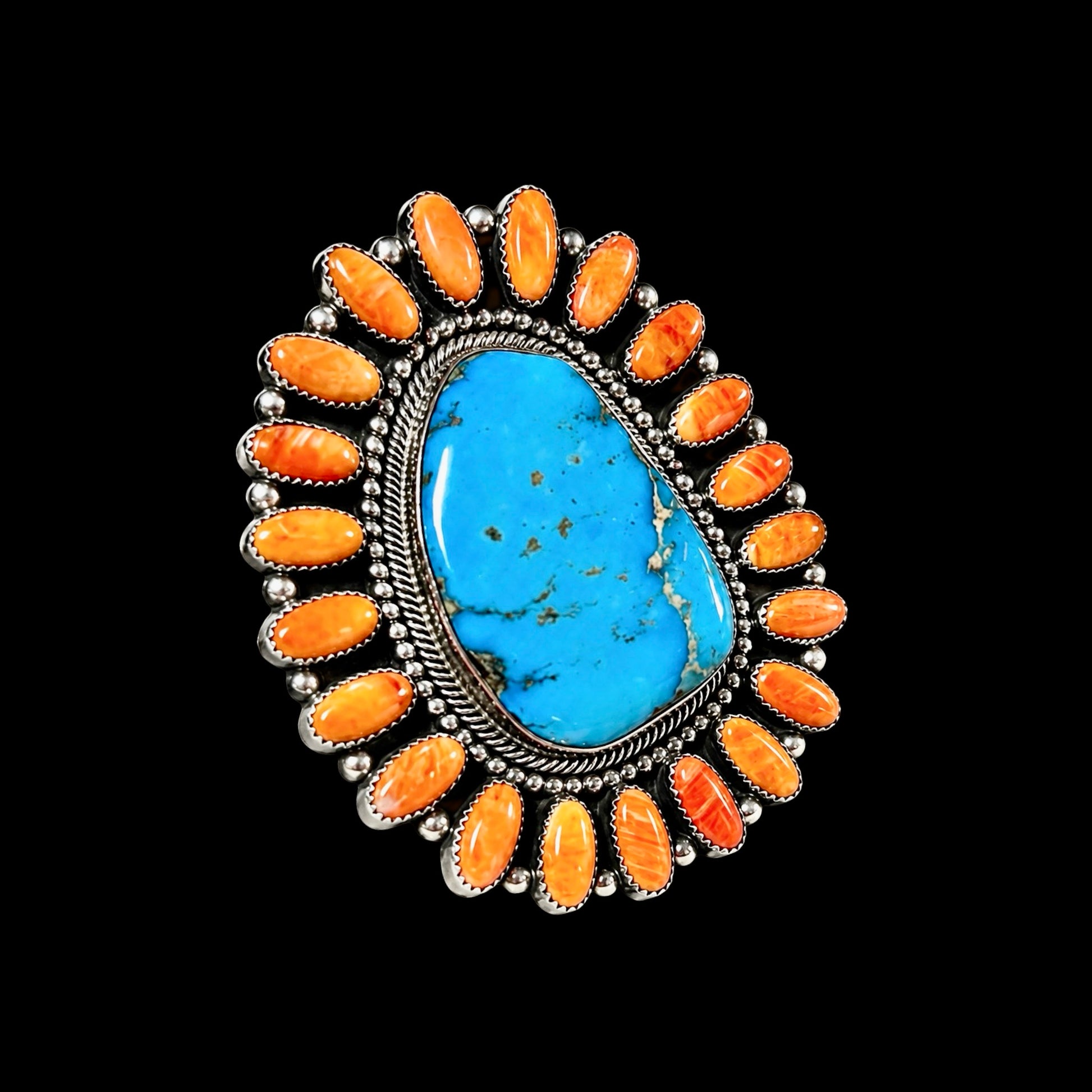 Kingman Turquoise & Orange Spiny Oyster ring handcrafted by Native American artist Hemerson Brown