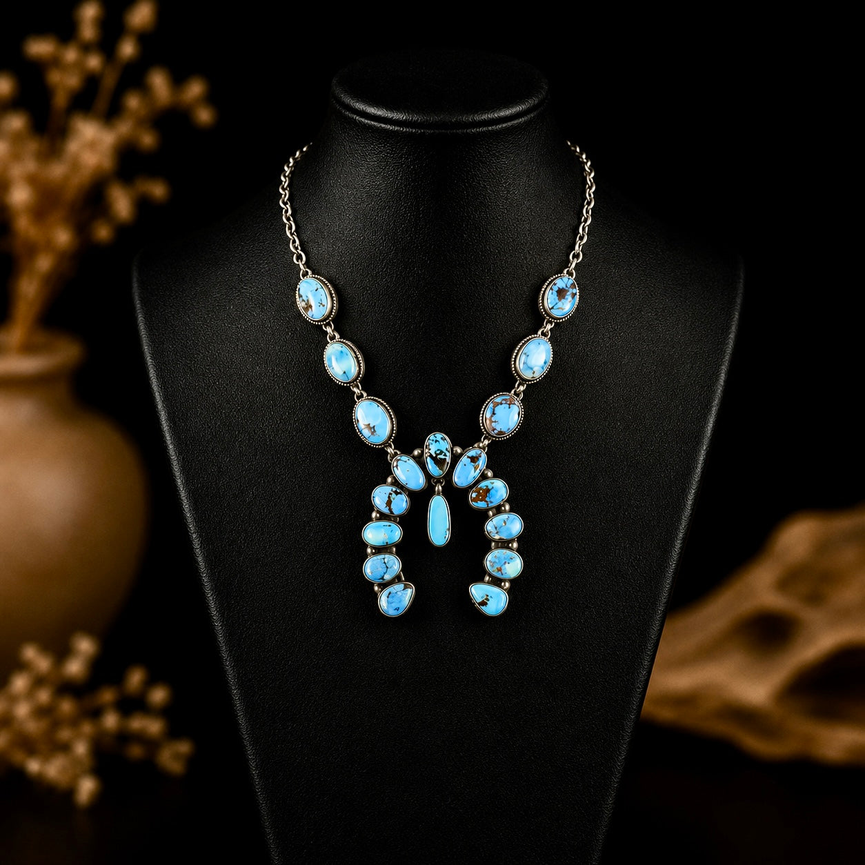 Golden Hills Turquoise necklace handcrafted by Native American artist Delaine & Dwayne Nez