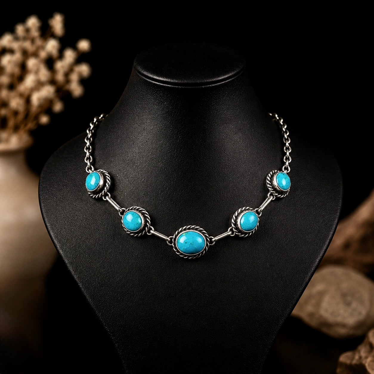 Kingman Turquoise choker handcrafted by Native American artist Augustine Largo ￼