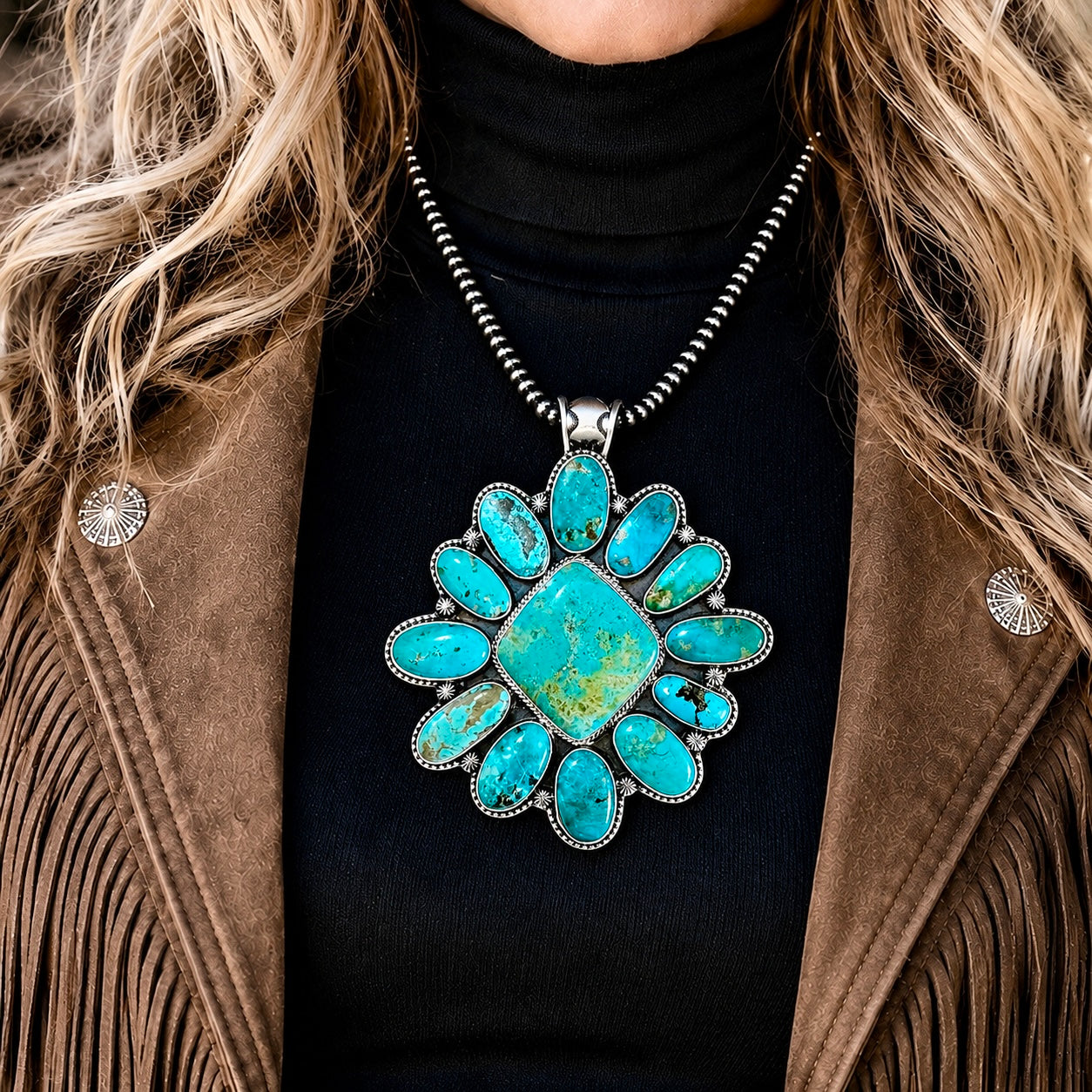 Mixed Mine Turquoise pendant handcrafted by Native American artist Shiela Tso