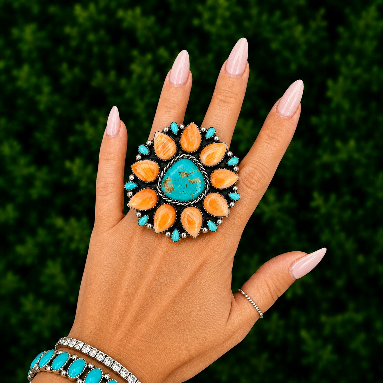 Royston Turquoise & Orange Spiny Oyster ring handcrafted by Native American artist Lorenzo and Jerilyn Chee