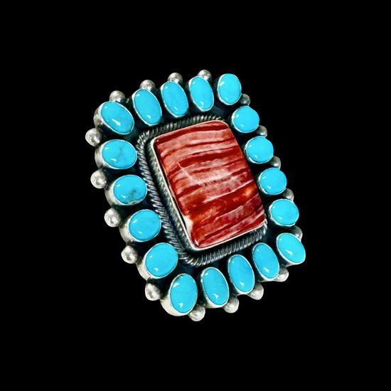 Sleeping Beauty Turquoise and Red Spiny Oyster ring handcrafted by Native American artist Ernest Roy Begay