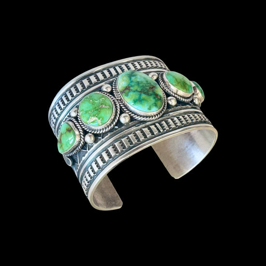 5 Stone Natural Sonoran Gold Turquoise cuff handcrafted by Native American artist Andy Cadman