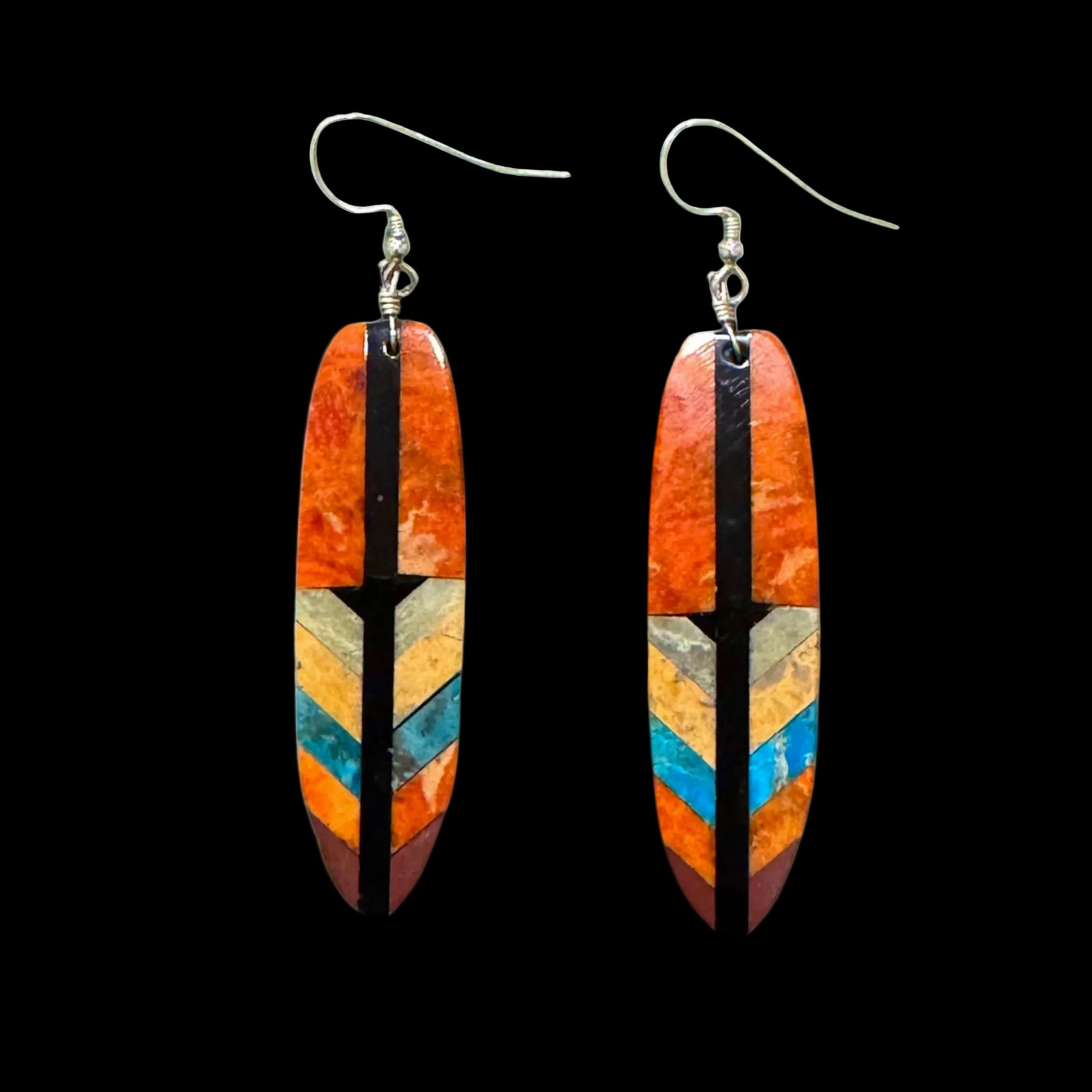 Multi Inlay earrings handcrafted by Native American artist Rudy Coriz