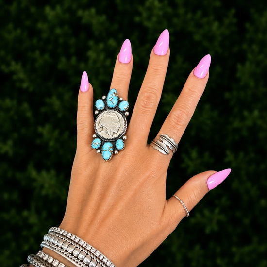 Golden Hills Turquoise ring handcrafted by Native American artist Lenora Garcia