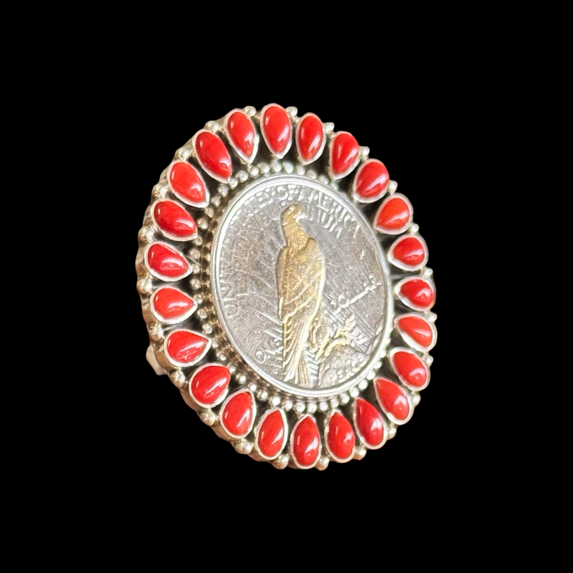 Silver Eagle Dollar & Natural Mediterranean Coral ring handcrafted by Native American artist Tonya June Raphael