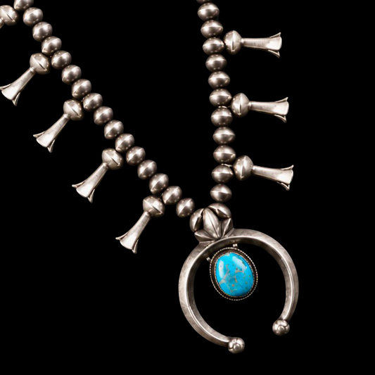 Kingman Turquoise squash blossom handcrafted by Native American artist Preston Haley