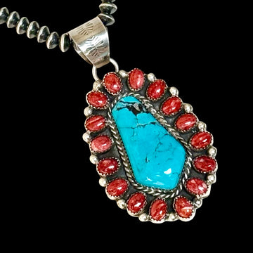 Red Spiny Oyster & Kingman Turquoise pendant handcrafted by Native American artist Lorenzo and Jerilyn Chee