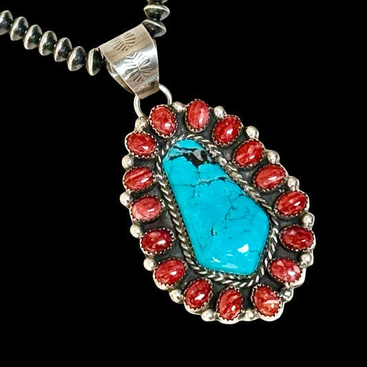Red Spiny Oyster & Kingman Turquoise pendant handcrafted by Native American artist Lorenzo and Jerilyn Chee