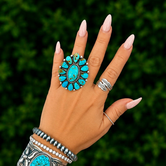 Campitos Turquoise ring handcrafted by Native American artist Lorenzo and Jerilyn Chee