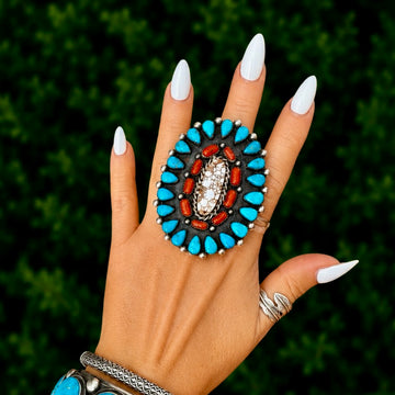 The Maze Ring (Adjustable) - Kingman Turquoise, Mediterranean Coral with Wild Horse Jasper by Lorenzo and Jerilyn Chee