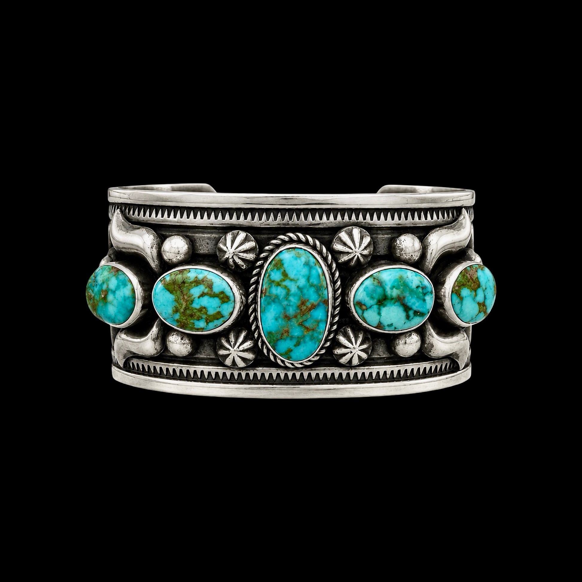 5 Stone Natural Sonoran Gold Turquoise cuff handcrafted by Native American artist Albert Jake (Heavy by Hand)