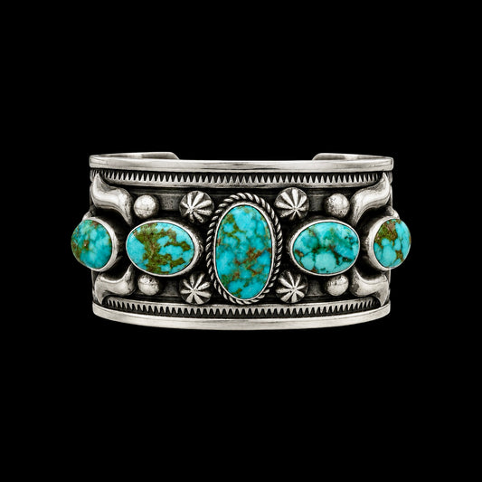 5 Stone Natural Sonoran Gold Turquoise cuff handcrafted by Native American artist Albert Jake (Heavy by Hand)