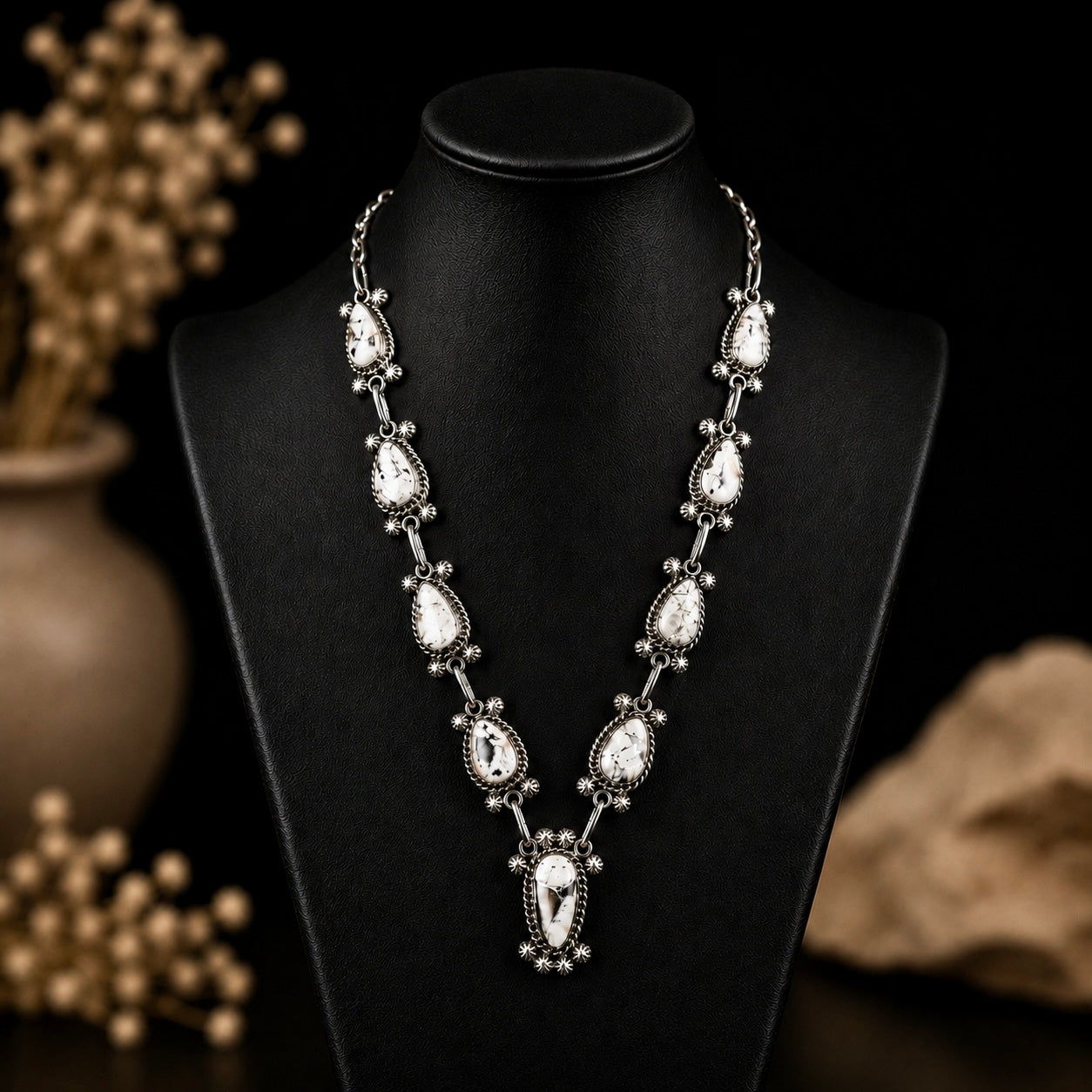 White Buffalo Dolomite necklace handcrafted by Native American artist Elroy Chavez
