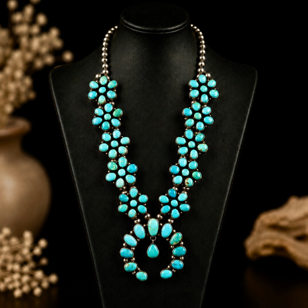 Carico Lake & Lone Mountain Turquoise squash blossom handcrafted by Native American artist Ella Peters