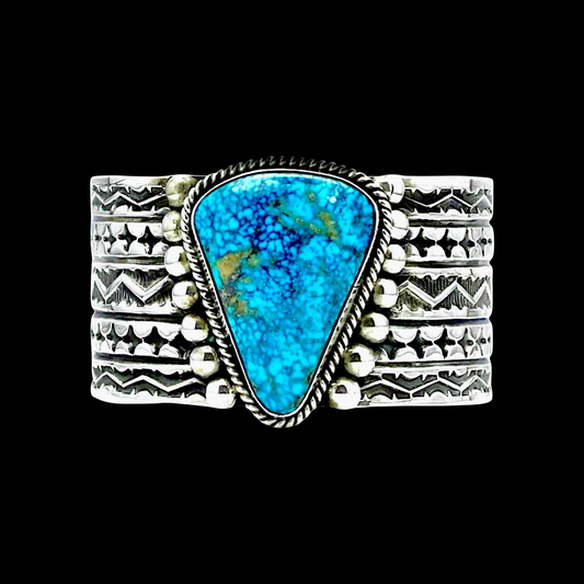 High-Grade Natural Spiderweb Kingman Turquoise cuff handcrafted by Native American artist Sunshine Reeves