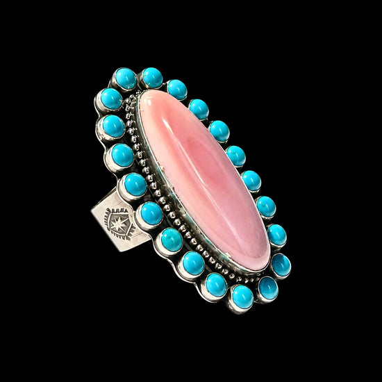 Sleeping Beauty Turquoise & Pink Conch ring handcrafted by Native American artist Ned Nez