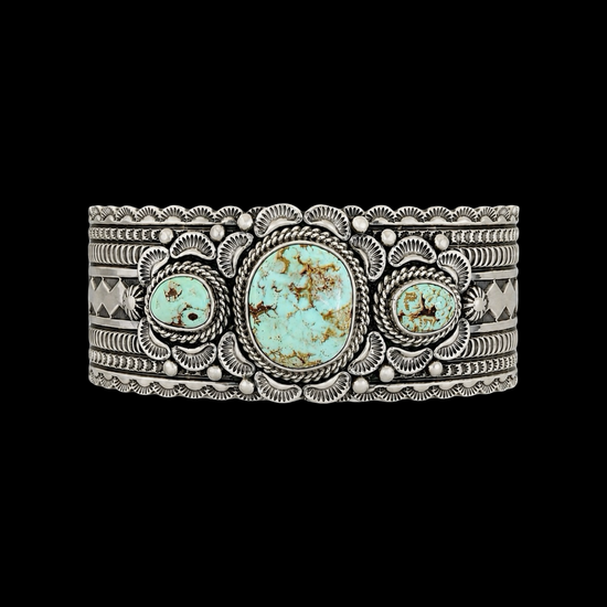 3 Stone Dry Creek Turquoise bracelet handcrafted by Native American artist June Delgarito