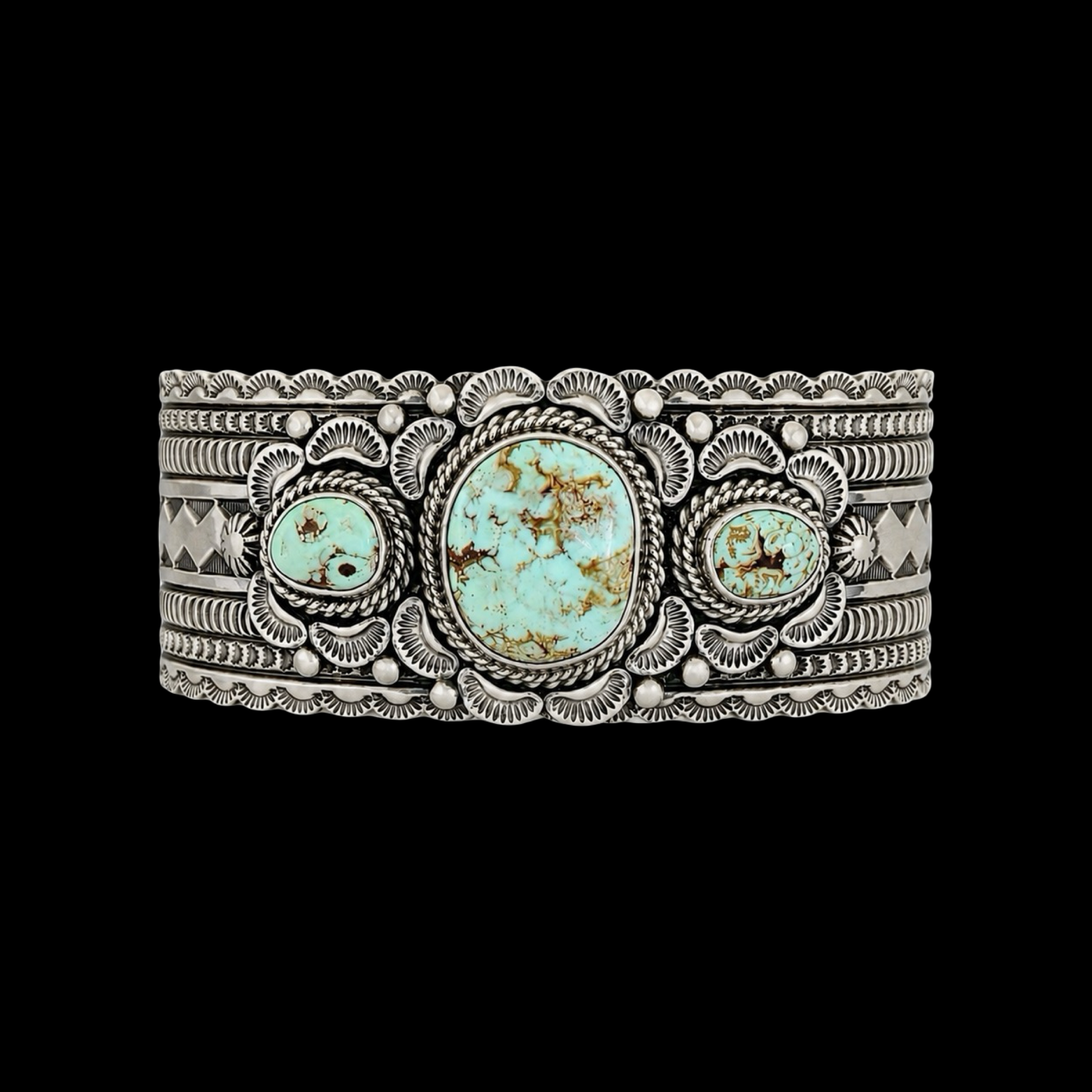 3 Stone Dry Creek Turquoise bracelet handcrafted by Native American artist June Delgarito