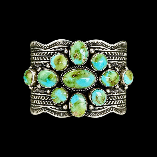 Natural Sonoran Gold Turquoise cuff handcrafted by Native American artist Guy Hoskie