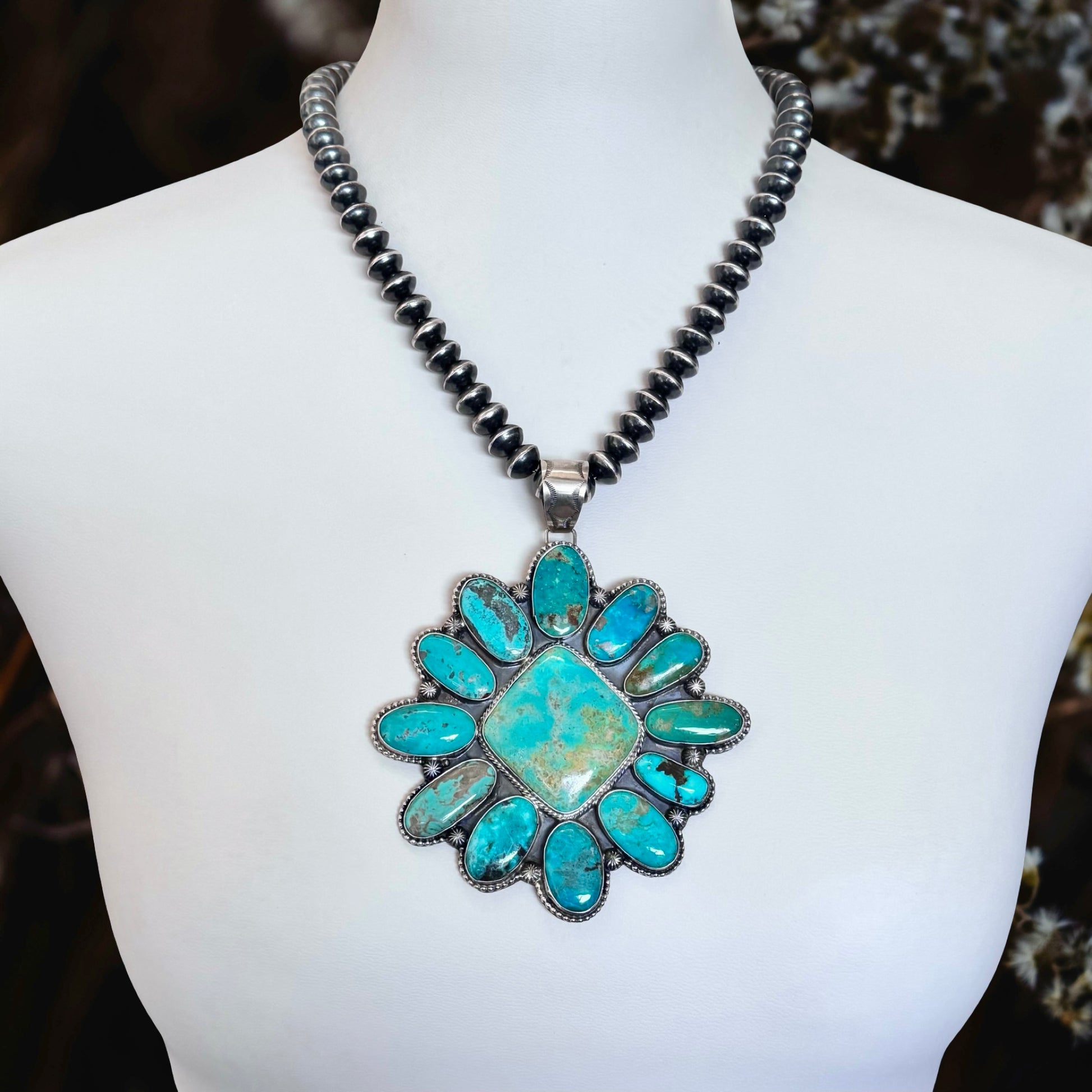 Mixed Mine Turquoise pendant handcrafted by Native American artist Shiela Tso