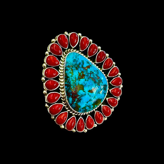 Stormy Mountain Turquoise & Natural Mediterranean Coral ring handcrafted by Native American artist Tonya June Raphael