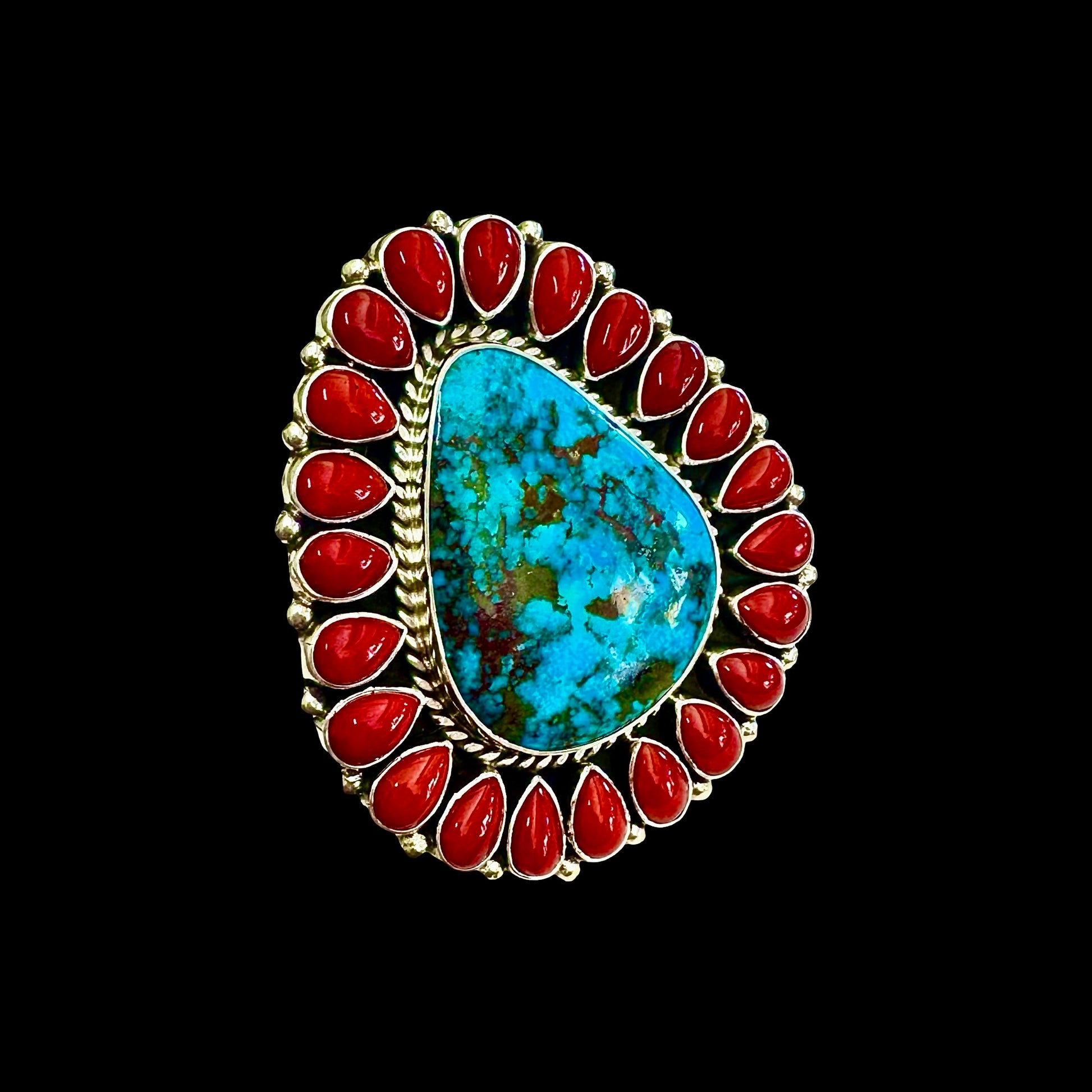 Stormy Mountain Turquoise & Natural Mediterranean Coral ring handcrafted by Native American artist Tonya June Raphael