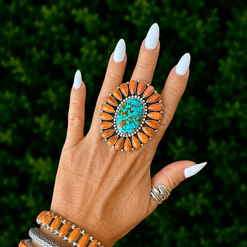 The Orlena Ring (Adjustable) - Natural Webbed Kingman & Orange Spiny by Tonya June Raphael