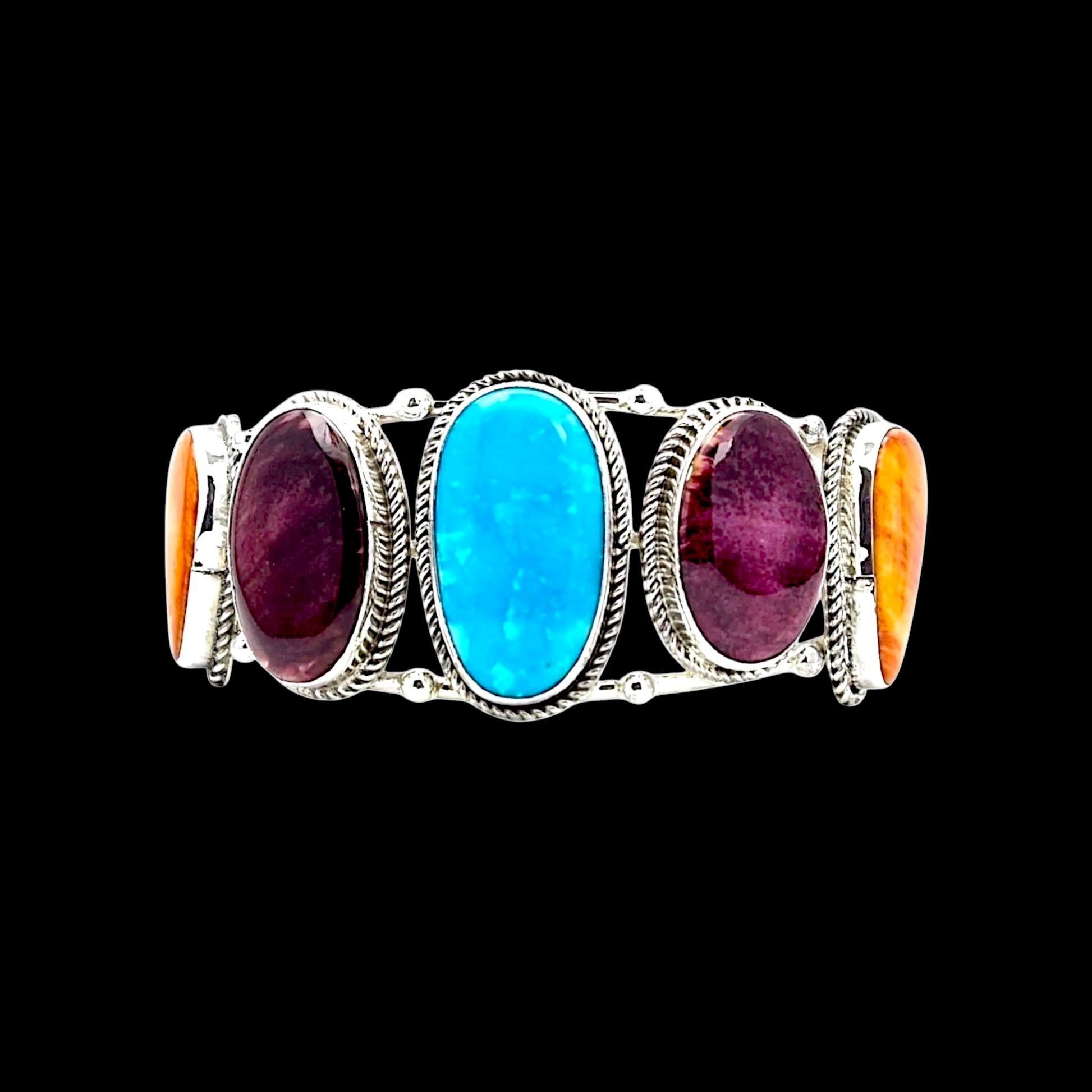 Orange, Purple Spiny with Kingman bracelet handcrafted by Native American artist Junior Begay