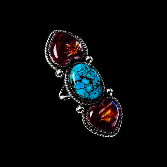 High-Grade Kingman Turquoise & Purple Spiny Oyster ring handcrafted by Native American artist Marcus Chavez