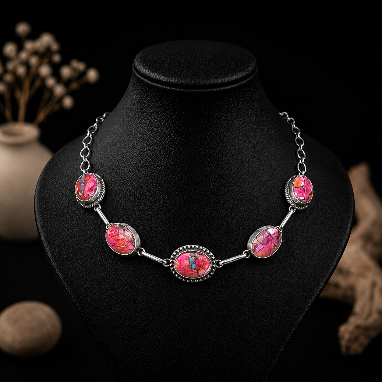 Rose Dahlia choker handcrafted by Native American artist J. Frank