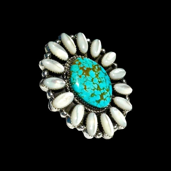 Kingman Turquoise and MOP ring handcrafted by Native American artist Lorenzo and Jerilyn Chee