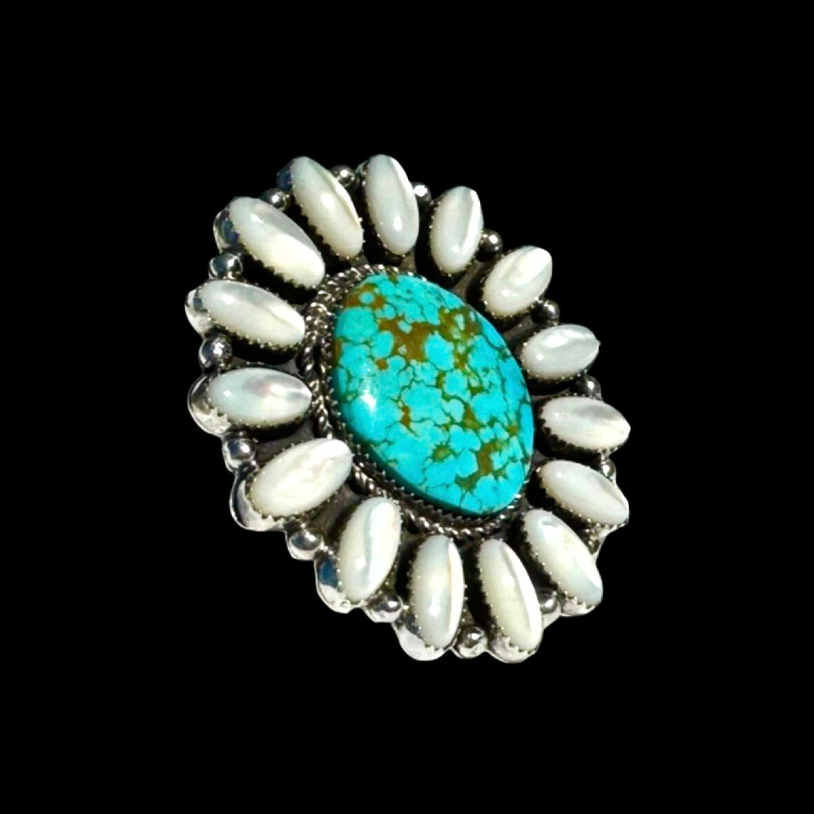 Kingman Turquoise and MOP ring handcrafted by Native American artist Lorenzo and Jerilyn Chee