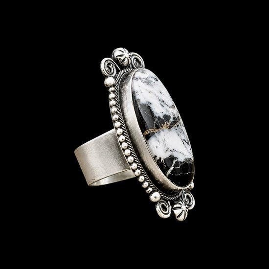 White Buffalo Dolomite ring handcrafted by Native American artist Aaron Robertson