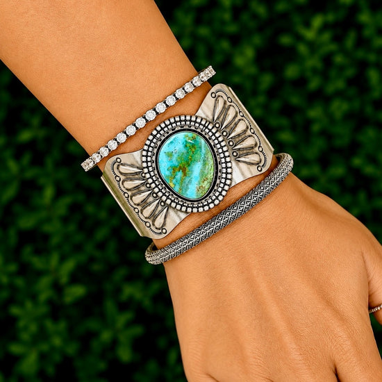 Natural Candelaria Turquoise bracelet handcrafted by Native American artist Raymond Delgarito