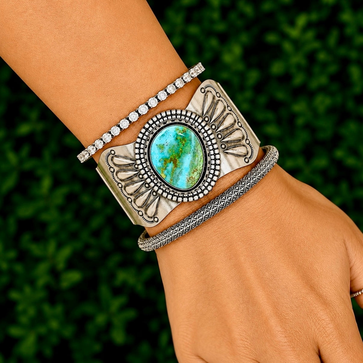 Natural Candelaria Turquoise bracelet handcrafted by Native American artist Raymond Delgarito