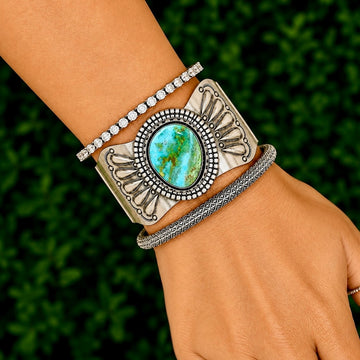 Natural Candelaria Turquoise bracelet handcrafted by Native American artist Raymond Delgarito