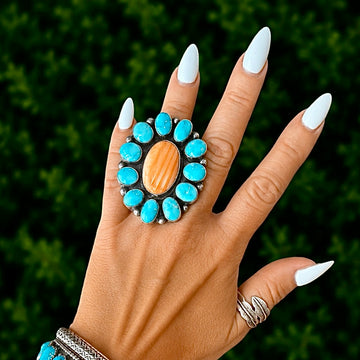 The Olira Ring (Adjustable) - Sonoran Gold Turquoise & Orange Spiny Oyster by Shiela Becenti