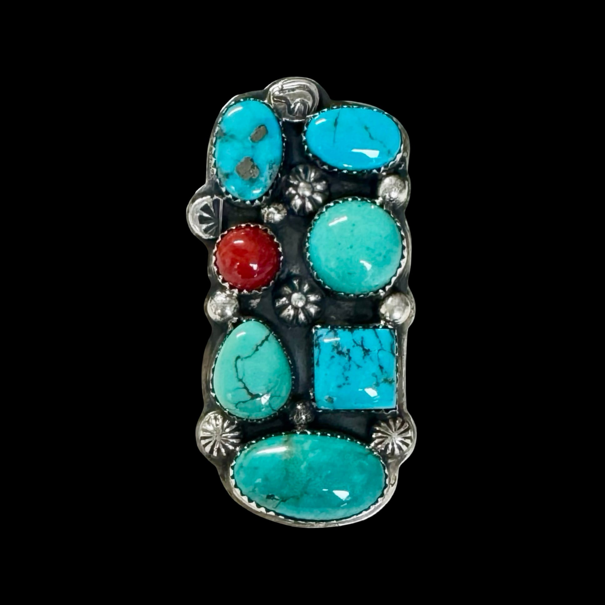 Mixed Mine Turquoise ring handcrafted by Native American artist Lorenzo and Jerilyn Chee