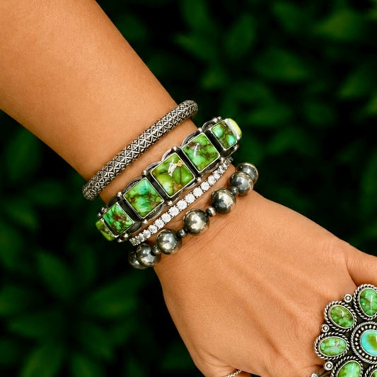 7 Square Sonoran Gold Turquoise cuff handcrafted by Native American artist Jereme Delgarito