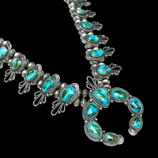 Sonoran Gold Turquoise squash blossom handcrafted by Native American artist Justine Tso