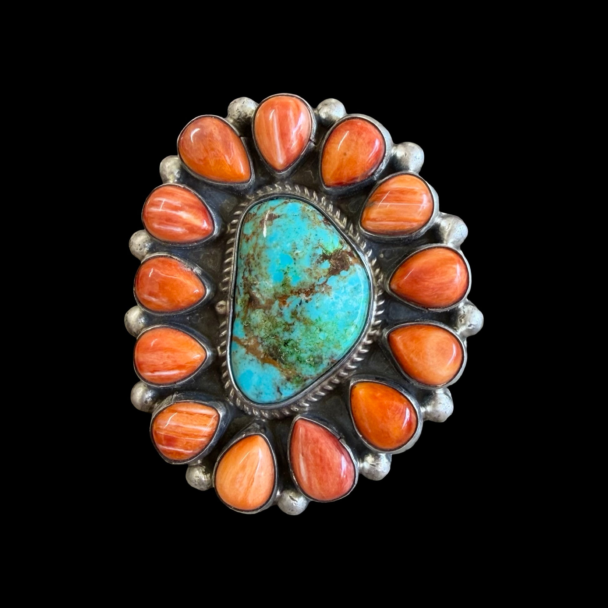 Orange Spiny Oyster & Kingman Turquoiseby Tillie Jon ring handcrafted by Native American artist Tillie Jon